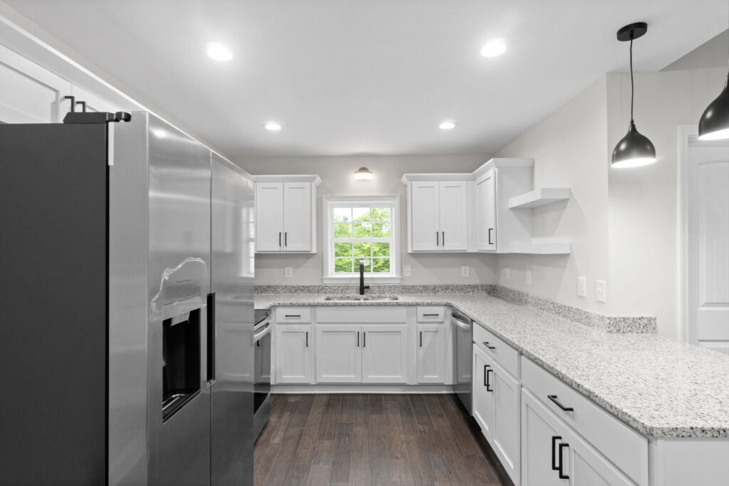 White Shaker install with floating shelves